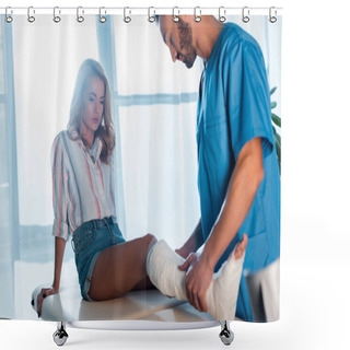 Personality  Handsome Orthopedist Touching Fractured Leg Of Woman  Shower Curtains