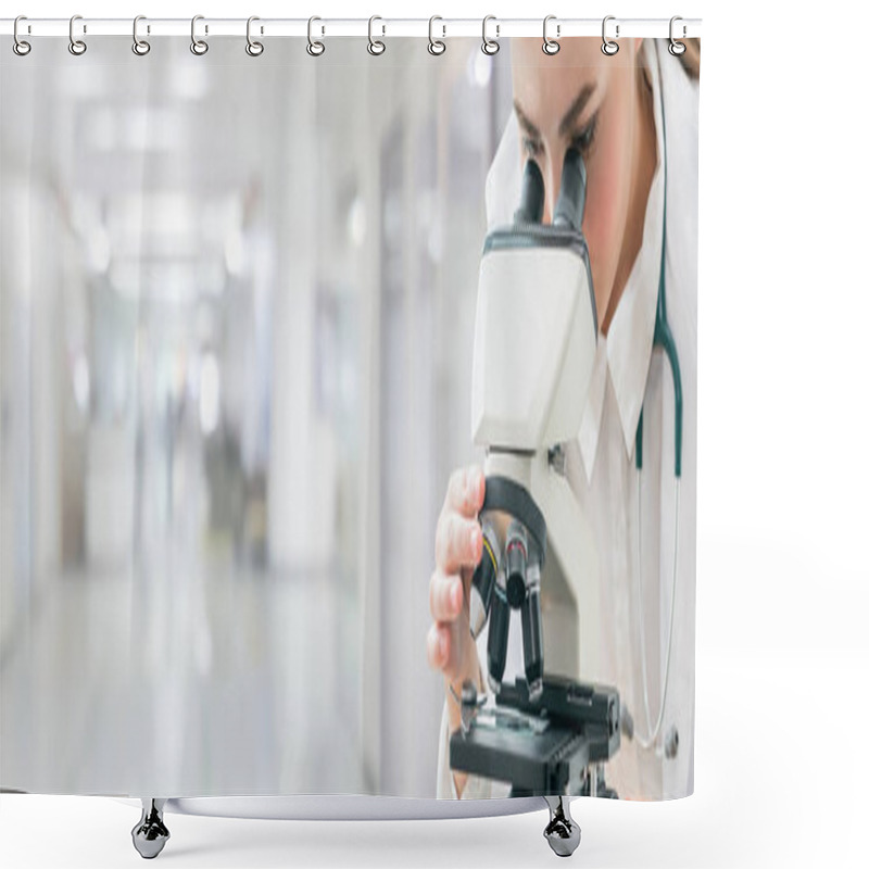 Personality  Scientist Researcher Using Microscope In Laboratory. Medical Healthcare Technology And Pharmaceutical Research And Development Concept. Shower Curtains