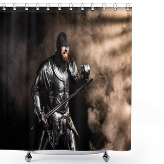 Personality  Handsome Knight In Armor Holding Sword And Fighting On Black Background Shower Curtains