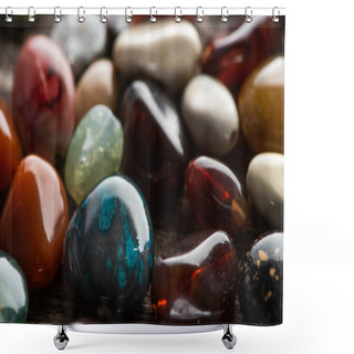 Personality  Close Up View Of Colorful Fortune Telling Stones On Wooden Background Shower Curtains