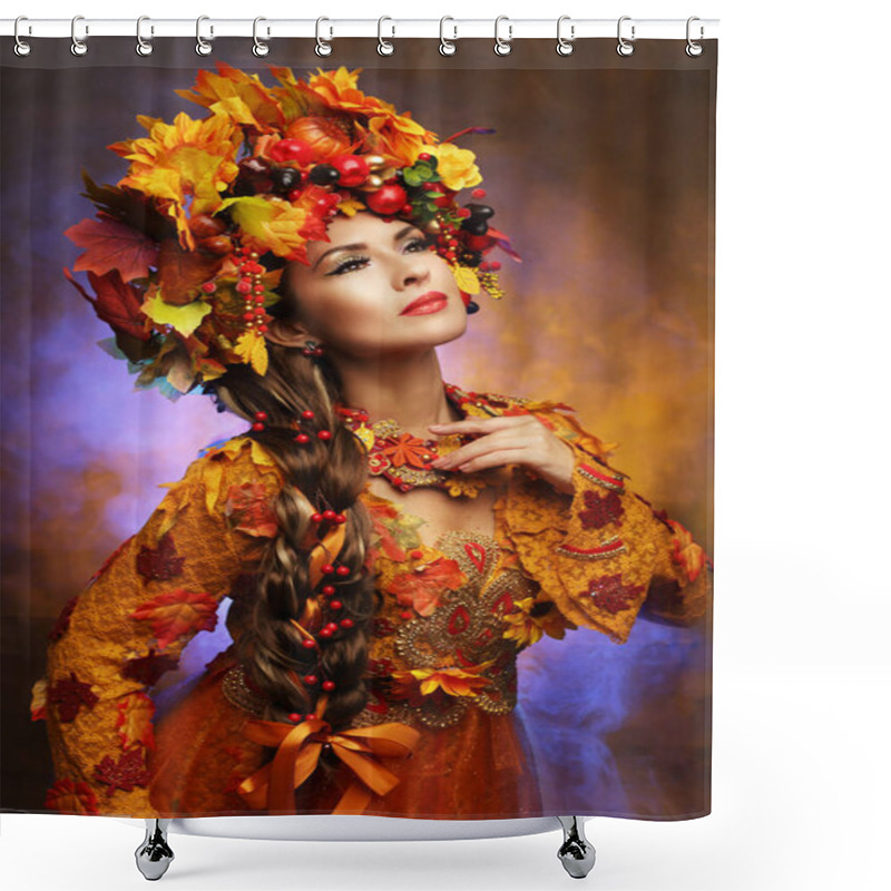 Personality  Atumn Queen Woman In Costume With Yellow And Red Leaves And Big Floral Wreath Shower Curtains