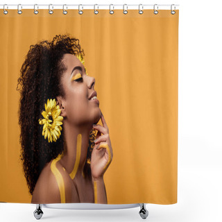 Personality  Young Tender African American Woman With Artistic Make-up And Gerbera In Hair Isolated On Orange Background Shower Curtains