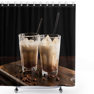 Personality  White Russian Cocktail In Glasses With Straws On Wooden Board With Coffee Grains Isolated On Black Shower Curtains