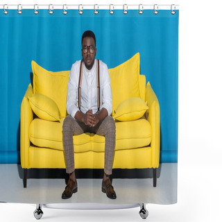 Personality  Young African American Man In Eyeglasses Sitting On Sofa And Looking At Camera  Shower Curtains