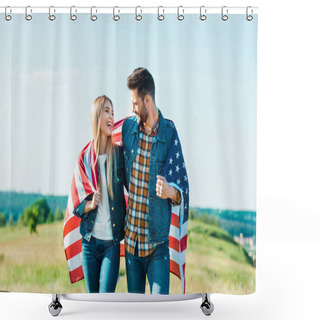Personality  Stylish Couple With American Flag On Rural Meadow, Independence Day Concept Shower Curtains