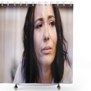 Personality  Close Up View Of Upset Woman Crying With Tears On Face At Home Shower Curtains
