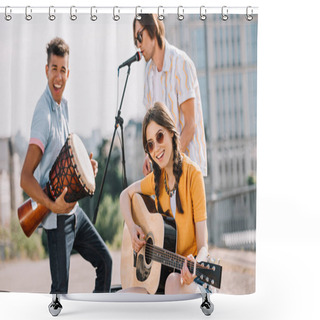 Personality  Multiracial Young People Performing Om Different Musical Instruments On Street Shower Curtains