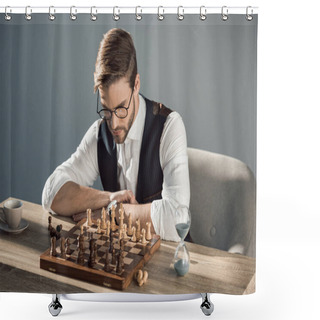 Personality  Concentrated Young Businessman In Eyeglasses Playing Chess  Shower Curtains