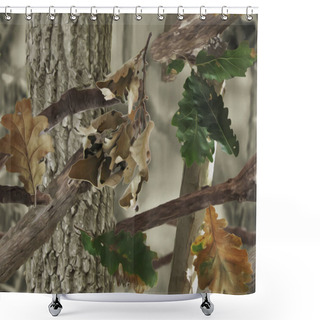 Personality  Realistic Camouflage Print. Seamless Pattern. Oak Tree, Branches And Leaves. Useable For Hunting And Military Purposes.                                                     Shower Curtains