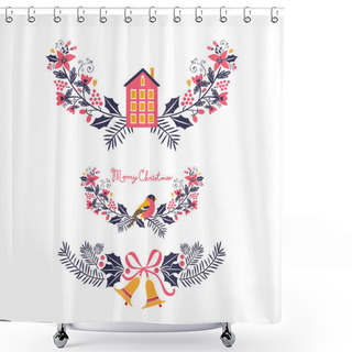 Personality  Colorful Christmas Banners And Laurels With Flowers, Birds, Deers, Hollies And Leaves Shower Curtains