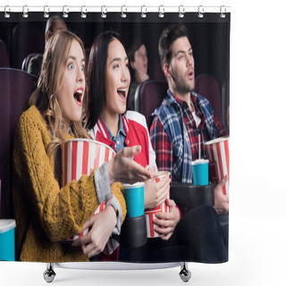 Personality  Excited Friends With Popcorn And Soda Watching Movie In Cinema Shower Curtains