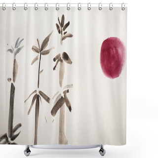 Personality  Japanese Painting With Bamboo And Pink Sun On White Background Shower Curtains
