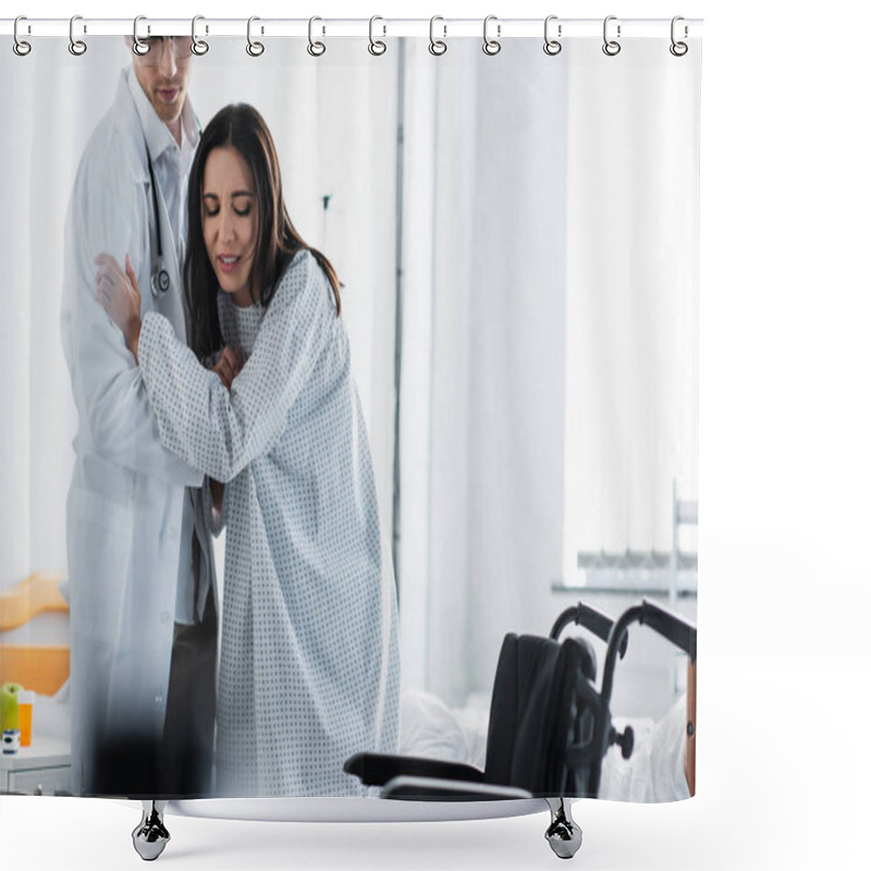 Personality  Doctor In Glasses Helping Woman Near Wheelchair  Shower Curtains