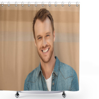 Personality  Close-up Portrait Of Smiling Young Man Looking At Camera In Front Of Wall Shower Curtains