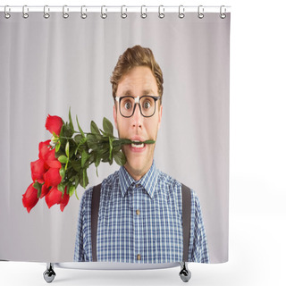 Personality  Hipster Biting Bunch Of Roses Shower Curtains