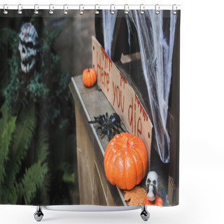 Personality  Carton Card With Here You Die Lettering Near Orange Pumpkins, Skull And Toy Spider On Porch Shower Curtains