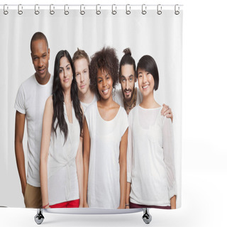 Personality  Portrait Of Young Multi-ethnic Friends Smiling Together Over White Background Shower Curtains