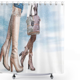 Personality  Female Feet In Winter Shoes, Snowfall In The Foreground Shower Curtains