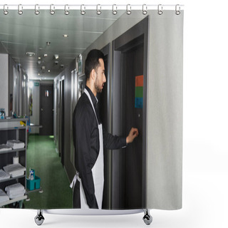 Personality  Side View Of Bearded Housekeeper Knocking Door In Hotel Room  Shower Curtains