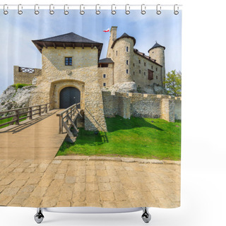 Personality  Wooden Bridge Entrance To Beautiful Bobolice Medieval Castle On Sunny Day, Poland Shower Curtains