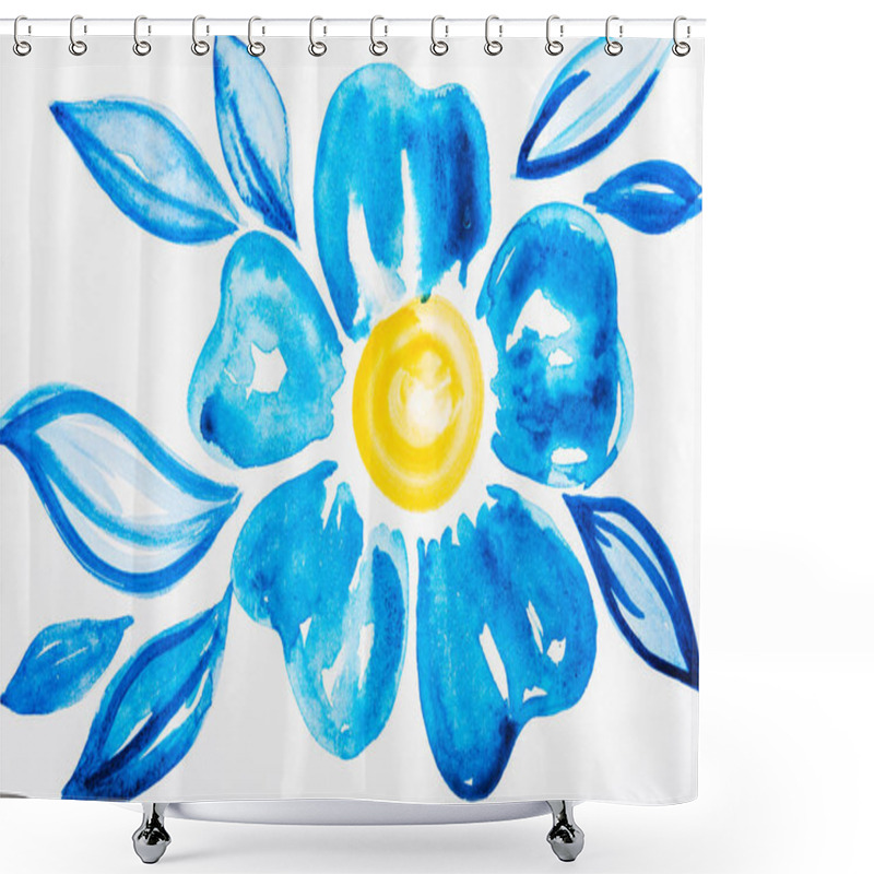 Personality  Top View Of Watercolor Flower With Blue Leaves On White Background  Shower Curtains