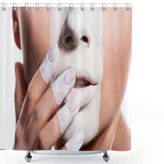 Personality  Cropped Image Of Woman With White Paint On Face And Fingers Touching Lips Isolated On White Shower Curtains