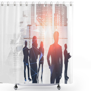 Personality  Silhouettes Of Business People Working In Blurry Abstract City With Double Exposure Of Futuristic Network Interface. Concept Of Smart City And Internet. Toned Image Shower Curtains