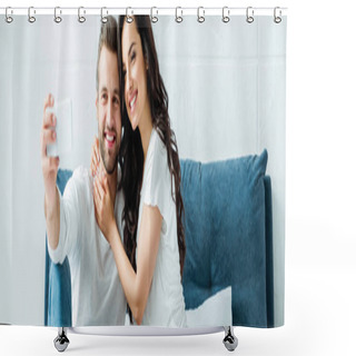 Personality  Happy Couple Taking Selfie On Smartphone In Bed Shower Curtains