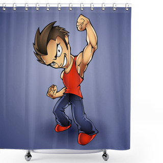 Personality  Cartoon Vector Illustration Of A Tough Kid With Hands In Fists Shower Curtains