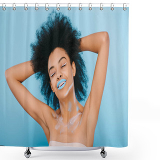 Personality  Smiling Young Woman With Creative Makeup And Blue Lips Isolated On Blue Shower Curtains