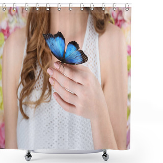 Personality  Cropped Shot Of Woman With Beautiful Blue Butterfly On Hand Shower Curtains