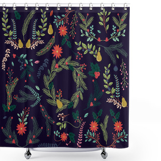 Personality  Vector Collection Of Vintage Style Hand Drawn Christmas Holiday Florals Shower Curtains