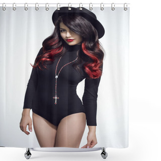 Personality  Girl  In Black Leotard And Hat Shower Curtains