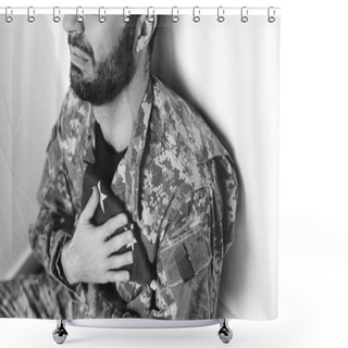 Personality  Cropped View Of Depressed Military Man Sitting By White Wall And Holding Usa Military Man Near Heart Shower Curtains
