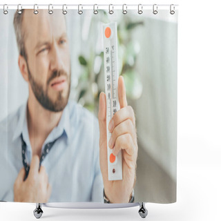 Personality  Selective Focus Of Businessman In Hot Office Looking At Thermometer Shower Curtains