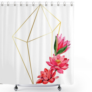 Personality  Red Lotus Flowers. Watercolor Background Set. Frame Border Golden Crystal. Hand Drawn In Aquarell. Geometric Polygon Mosaic Shape. Shower Curtains