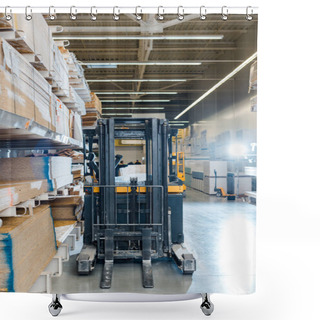 Personality  Forklift Machine In Warehouse Near Racks With Wooden Construction Materials Shower Curtains