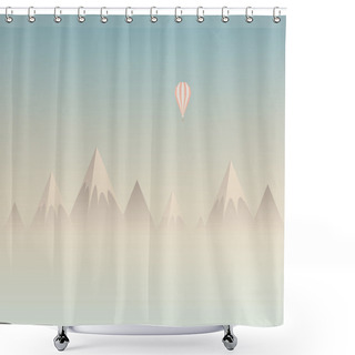 Personality  Low Poly Mountains Landscape Vector Background With Balloon Flying Above Clouds Or Mist. Symbol Of Exploration, Discovery And Outdoor Adventures. Shower Curtains