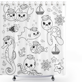 Personality  Baby Sea Animals Marine Nautical Set. Vector Black And White Coloring Page Shower Curtains