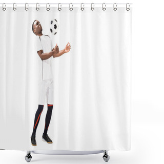 Personality  Young African American Soccer Player Hitting Ball With Chest Isolated On White   Shower Curtains