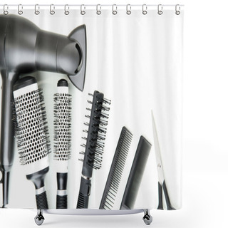 Personality  Comb Brushes, Hairdryer And Cutting Shears, Isolated On White Shower Curtains