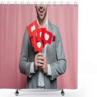 Personality  Cropped View Of Man Holding Cards With Hearts For Valentines Day, Isolated On Pink  Shower Curtains