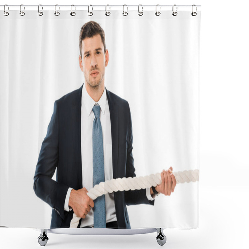 Personality  Tense Businessman Pulling Rope And Looking At Camera Isolated On White Shower Curtains