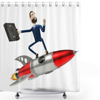 Personality  Handsome Cartoon Businessman Riding On Toy Rocket, White Background - 3D Illustration Shower Curtains