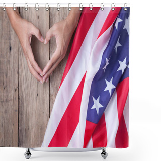 Personality  Gesture Made By Hands Showing Symbol Of Heart With American Flag Shower Curtains