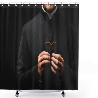 Personality  Cropped View Of Pastor Holding Wooden Cross Isolated On Black  Shower Curtains