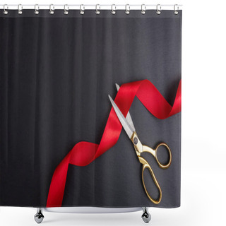 Personality  Grand Opening. Top View Of Gold Scissors Cutting Red Silk Ribbon Against Black Background, Copy Space Shower Curtains