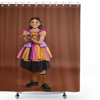 Personality  Cheerful Girl In Halloween Costume Holding Fake Spider And Standing On Brown Backdrop, Spooky Season Shower Curtains