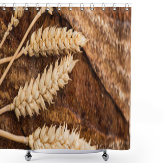 Personality  Close Up View Of Fresh Baked Bread With Spikelets, Panoramic Shot Shower Curtains