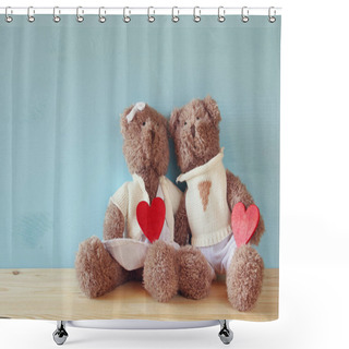 Personality  Couple Of Cute Teddy Bears Holding Hearts Shower Curtains